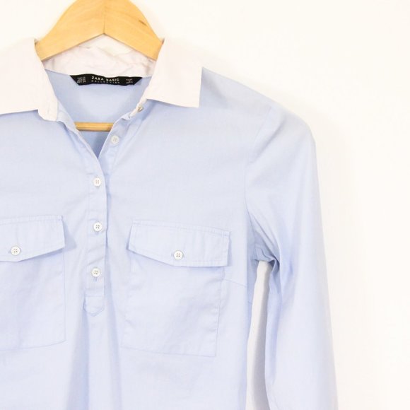 *Zara Basic Blue 3/4 Button Down Blouse - Picture 2 of 5